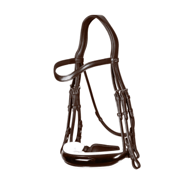 Bride Dy'on collection dressage cuir plat Muserolle Large Vernie Doublure Blanche Bride Dy'on collection dressage cuir plat Muserolle Large Vernie Doublure Blanche