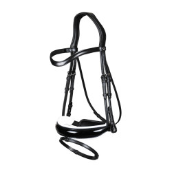 Bridon Dy'on collection dressage cuir plat Muserolle Combinée Large Vernie Doublure Blanche Noir