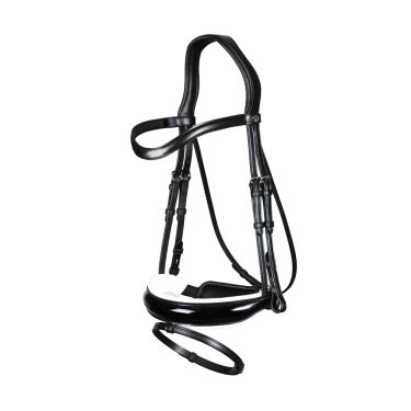 Bridon Dy'on collection dressage cuir plat Muserolle Combinée Large Vernie Doublure Blanche Bridon Dy'on collection dressage cuir plat Muserolle Combinée Large Vernie Doublure Blanche