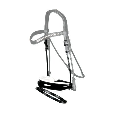 Muserolle Dy'on collection dressage cuir rond Combinée Large à réglage allemand Verni avec rembourrage blanc et noseband Noir / 