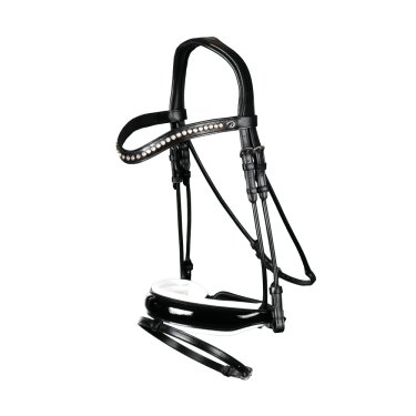 Bridon Dy'on collection dressage cuir rond Muserolle Combinée Large Vernie Doublure Blanche Bridon Dy'on collection dressage cuir rond Muserolle Combinée Large Vernie Doublure Blanche