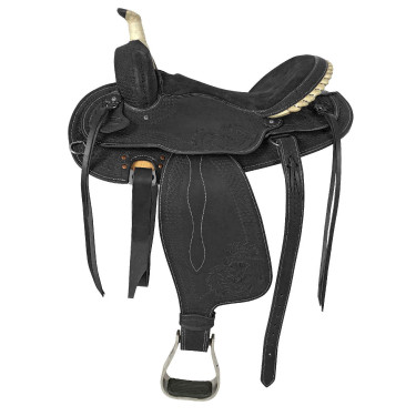 Selle western Lakota à jupe ronde gravée et avec fil d'argent Noir