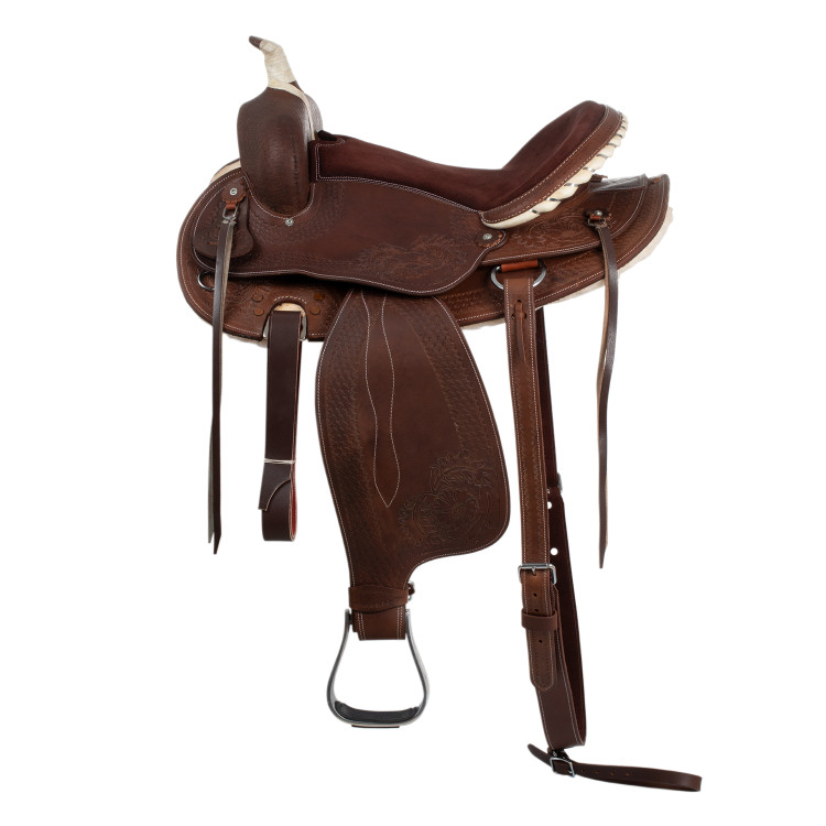 Selle western Lakota à jupe ronde gravée et avec fil d'argent Selle western Lakota à jupe ronde gravée et avec fil d'argent