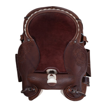 Selle western Lakota à jupe ronde gravée et avec fil d'argent Selle western Lakota à jupe ronde gravée et avec fil d'argent