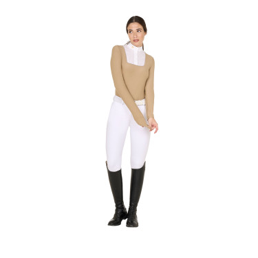 Polo de concours Femme Manches Longues avec Insertions Mesh Equestro Beige Polo de concours Femme Manches Longues avec Insertions Mesh Equestro Beige