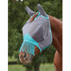Masque anti-mouches Weatherbeeta ComFiTec Deluxe Mesh oreilles et franges Gris / turquoise