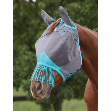 Masque anti-mouches Weatherbeeta ComFiTec Deluxe Mesh oreilles et franges Gris / turquoise
