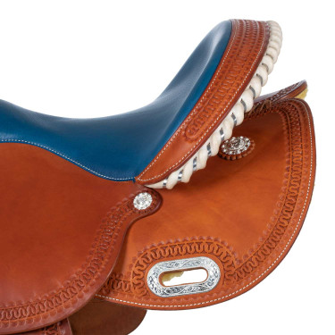Selle Pool's 5020 avec siège en cuir brut couleur bleu pour baril Cognac Marron