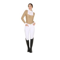 Polo de concours Femme Manches Longues avec Plis en Coton Equestro Encens Beige