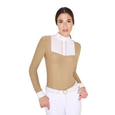 Polo de concours Femme Manches Longues avec Plis en Coton Equestro Encens Beige
