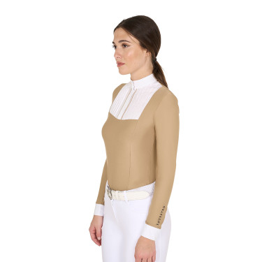 Polo de concours Femme Manches Longues avec Plis en Coton Equestro Encens Beige