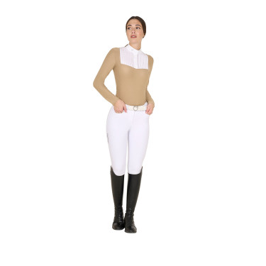 Polo de concours Femme Manches Longues avec Strass Equestro Beige