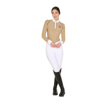Polo de concours Femme Manches Longues avec Insertions Mesh Equestro Beige Polo de concours Femme Manches Longues avec Insertions Mesh Equestro Beige