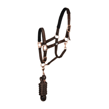 Licol en Nylon Rose Gold Line avec Longe Supreme Marron