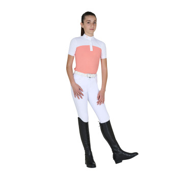 Polo Fille concours à Manches Courtes et Boutons avec Mesh Equestro Fleur du désert Rose