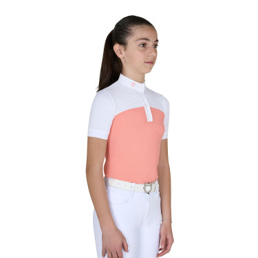 Polo Fille concours à Manches Courtes et Boutons avec Mesh Equestro Fleur du désert Rose