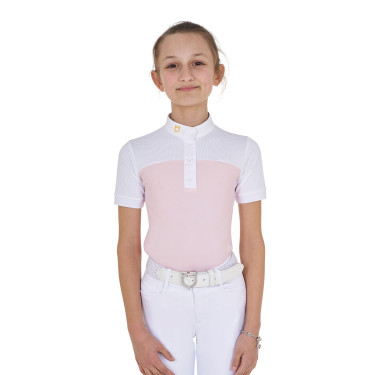 Polo Fille concours à Manches Courtes et Boutons avec Mesh Equestro Ballerine Rose