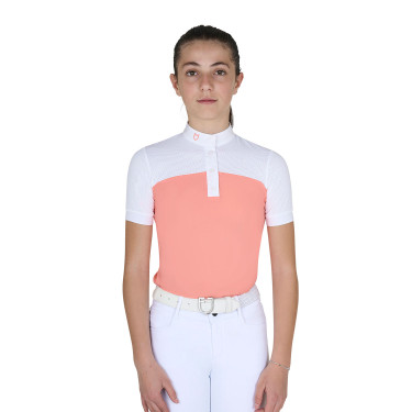 Polo Fille concours à Manches Courtes et Boutons avec Mesh Equestro Fleur du désert Rose