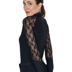 Polo d’entraînement femme Equestro manches longues dentelle Noir