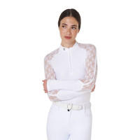 Polo d’entraînement femme Equestro manches longues dentelle Blanc