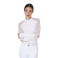 Polo d’entraînement femme Equestro manches longues dentelle Blanc