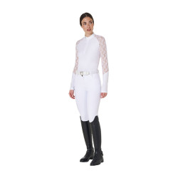 Polo d’entraînement femme Equestro manches longues dentelle Blanc