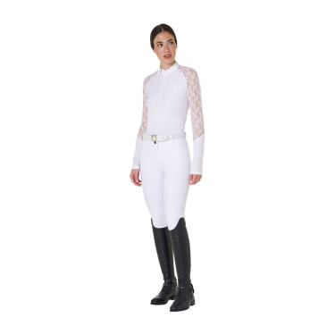 Polo d’entraînement femme Equestro manches longues dentelle Blanc