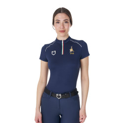 Polo d’entraînement femme Equestro x FISE avec zip drapeau italien manches courtes