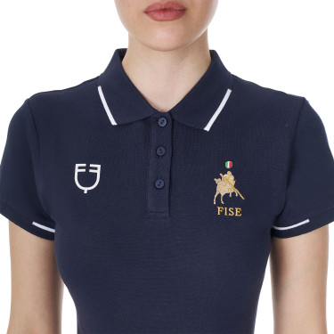Polo d’entraînement femme Equestro x FISE trois boutons manches courtes Marine blazer Bleu marine