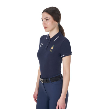 Polo d’entraînement femme Equestro x FISE trois boutons manches courtes Marine blazer Bleu marine