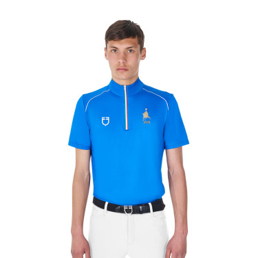 Polo d’entraînement homme Equestro x FISE avec zip drapeau italien manches courtes Bleu de savoie