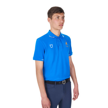 Polo d’entraînement homme Equestro x FISE trois boutons manches courtes Bleu de savoie