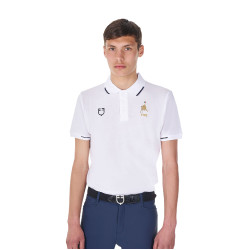 Polo d’entraînement homme Equestro x FISE trois boutons manches courtes Blanc