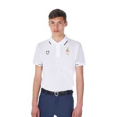 Polo d’entraînement homme Equestro x FISE trois boutons manches courtes Blanc