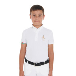 Polo de concours garçon quatre boutons Equestro x FISE manches courtes Blanc