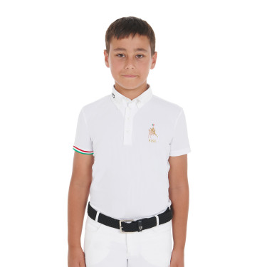 Polo de concours garçon quatre boutons Equestro x FISE manches courtes Blanc