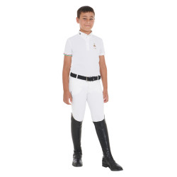 Polo de concours garçon quatre boutons Equestro x FISE manches courtes Blanc