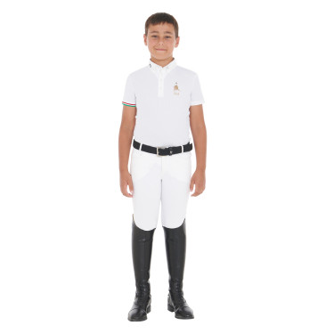 Polo de concours garçon quatre boutons Equestro x FISE manches courtes Blanc