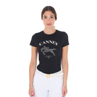 T-shirt femme Equestro Cannes coton avec strass manches courtes Noir T-shirt femme Equestro Cannes coton avec strass manches courtes Noir