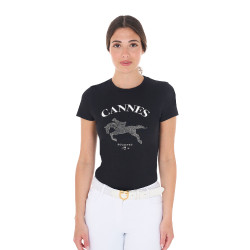 T-shirt femme Equestro Cannes coton avec strass manches courtes Noir