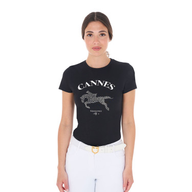 T-shirt femme Equestro Cannes coton avec strass manches courtes Noir
