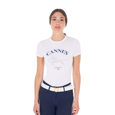 T-shirt femme Equestro Cannes coton avec strass manches courtes Blanc
