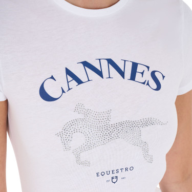 T-shirt femme Equestro Cannes coton avec strass manches courtes Blanc