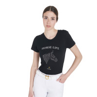 T-shirt femme Equestro coupe slim Horse Life avec strass manches courtes Noir