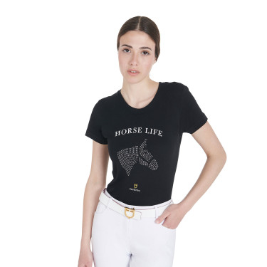 T-shirt femme Equestro coupe slim Horse Life avec strass manches courtes Noir