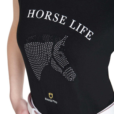 T-shirt femme Equestro coupe slim Horse Life avec strass manches courtes Noir