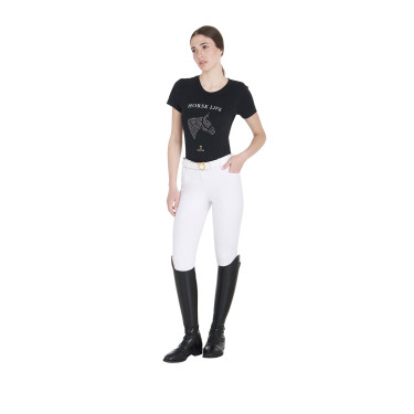 T-shirt femme Equestro coupe slim Horse Life avec strass manches courtes Noir