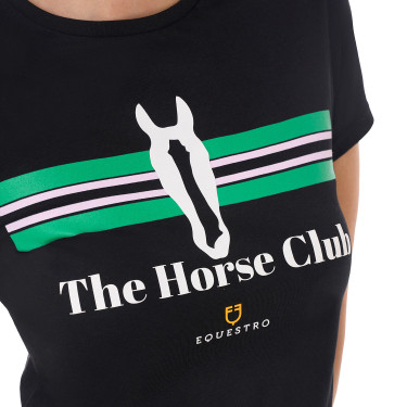 T-shirt femme Equestro Stripe Horse Club coton manches courtes Noir T-shirt femme Equestro Stripe Horse Club coton manches courtes Noir