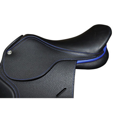 Selle doublée Saumur personnalisée Privilege Equitation Marron / bleu électrique