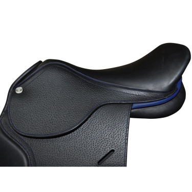 Selle doublée Saumur personnalisée Privilege Equitation Marron / bleu électrique